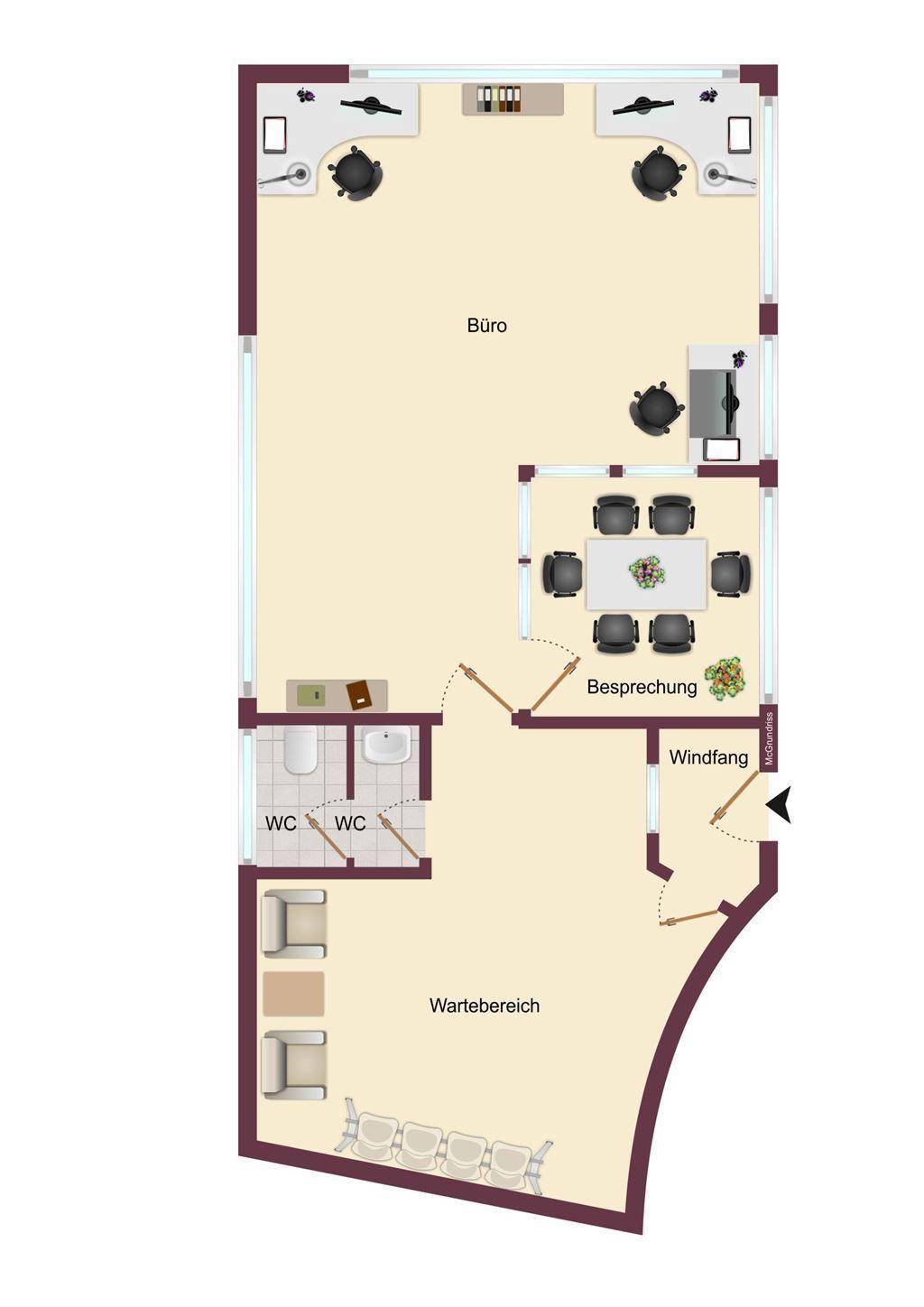 Grundriss eines Büros mit Wartebereich, Besprechungsraum und zwei Toiletten.