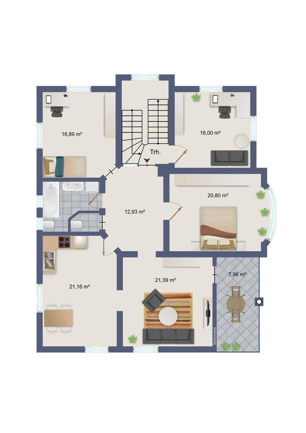 Grundriss des Obergeschosses mit Schlafzimmern, Badezimmer und einem Balkon.