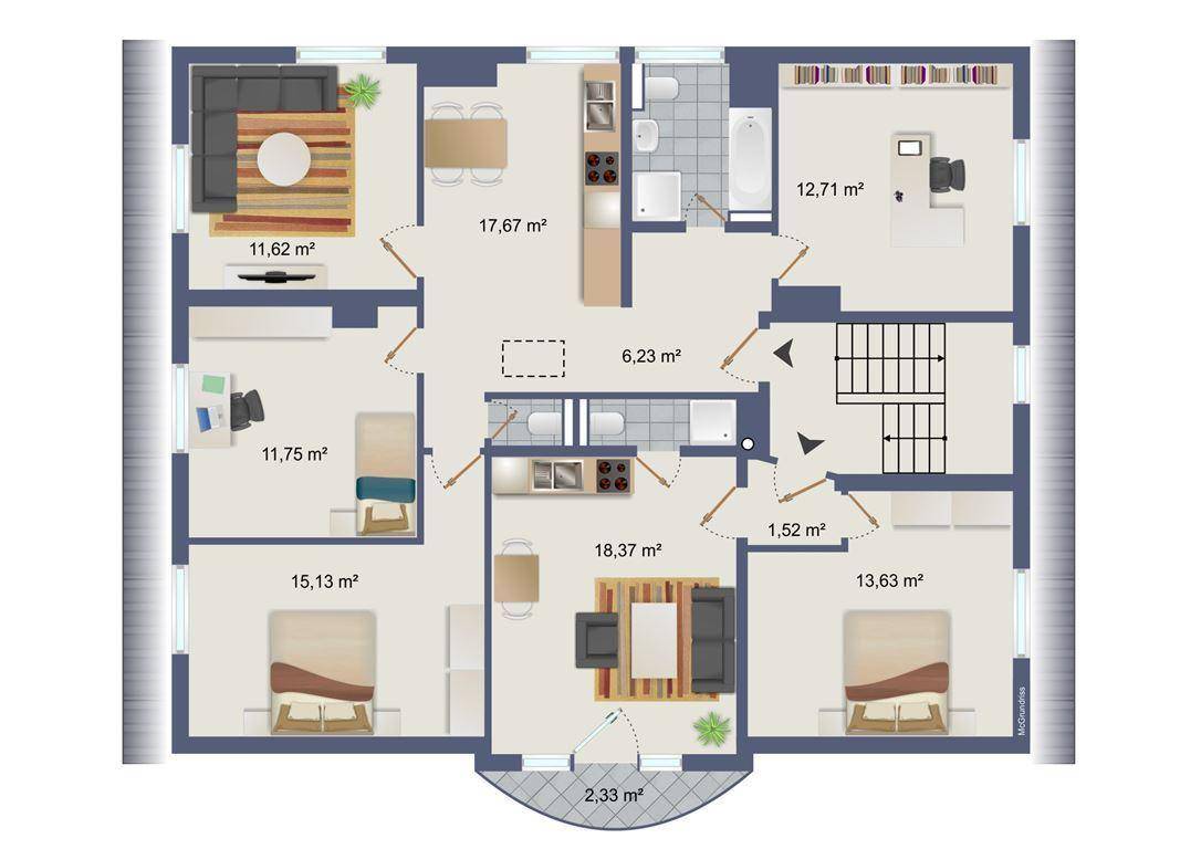 Grundriss einer weiteren Etage mit Wohnbereichen, Schlafzimmern, Küche und Badezimmer.