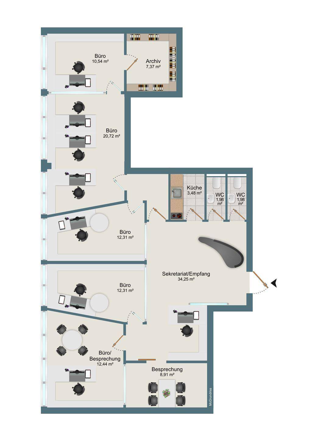 Grundriss eines Bürokomplexes mit mehreren Büros, Empfangsbereich, Küche und zwei Toiletten.