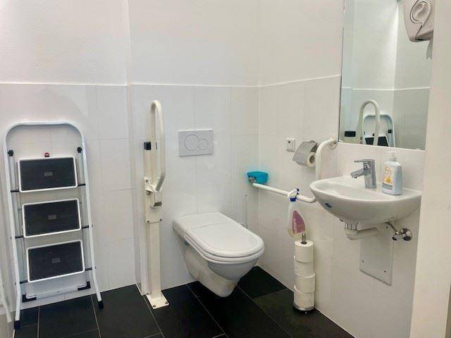 Barrierefreies Badezimmer mit Toilette, Waschbecken und Haltegriffen für zusätzliche Unterstützung.