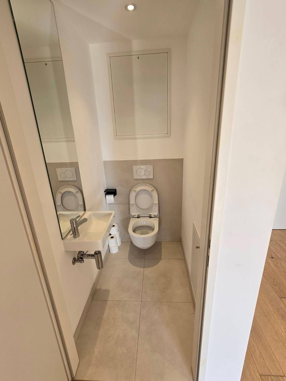 Modernes Gäste-WC mit wandhängender Toilette, kleinem Waschbecken und Spiegel.
