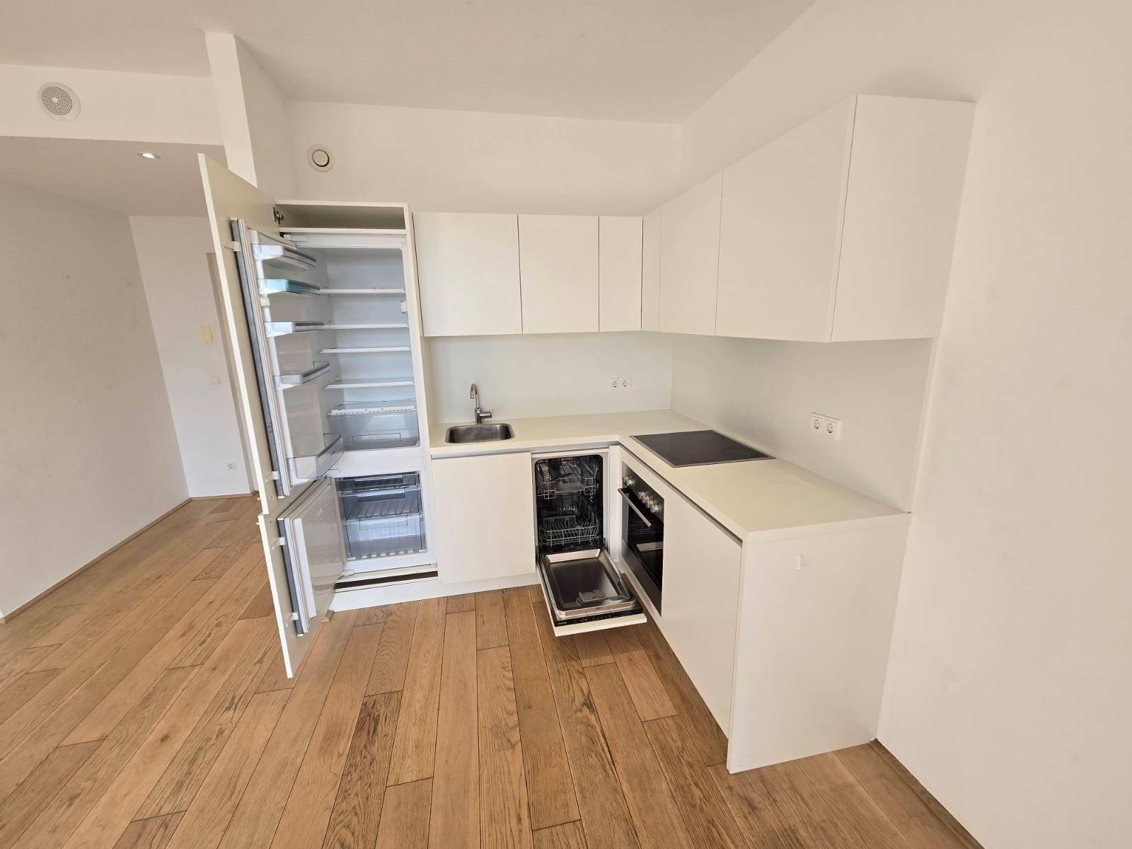 Voll ausgestattete, moderne Küchenzeile mit integriertem Kühlschrank, Geschirrspüler und Kochfeld.