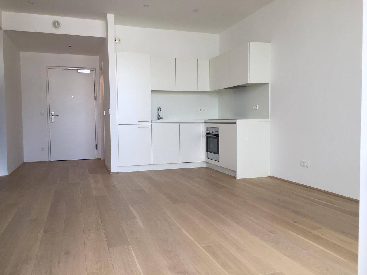 Moderne, offene Küchenzeile mit weißen Schränken und Holzboden in einem hellen Raum.