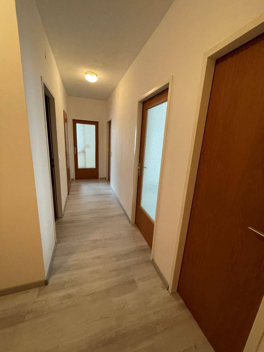 Heller Flur mit Laminatboden und mehreren Holztüren zu den angrenzenden Räumen.