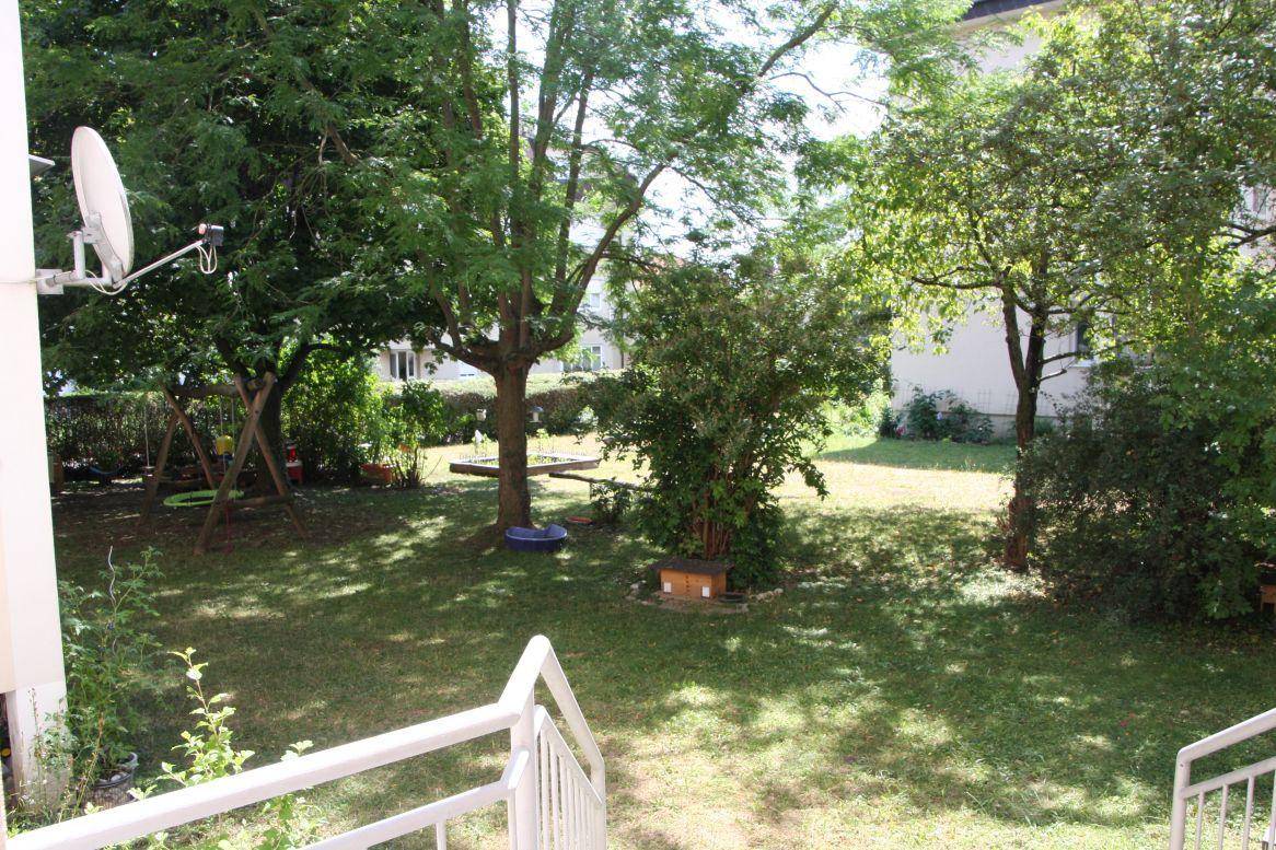 Großer grüner Garten mit Bäumen und Spielgeräten, ideal für Familien.