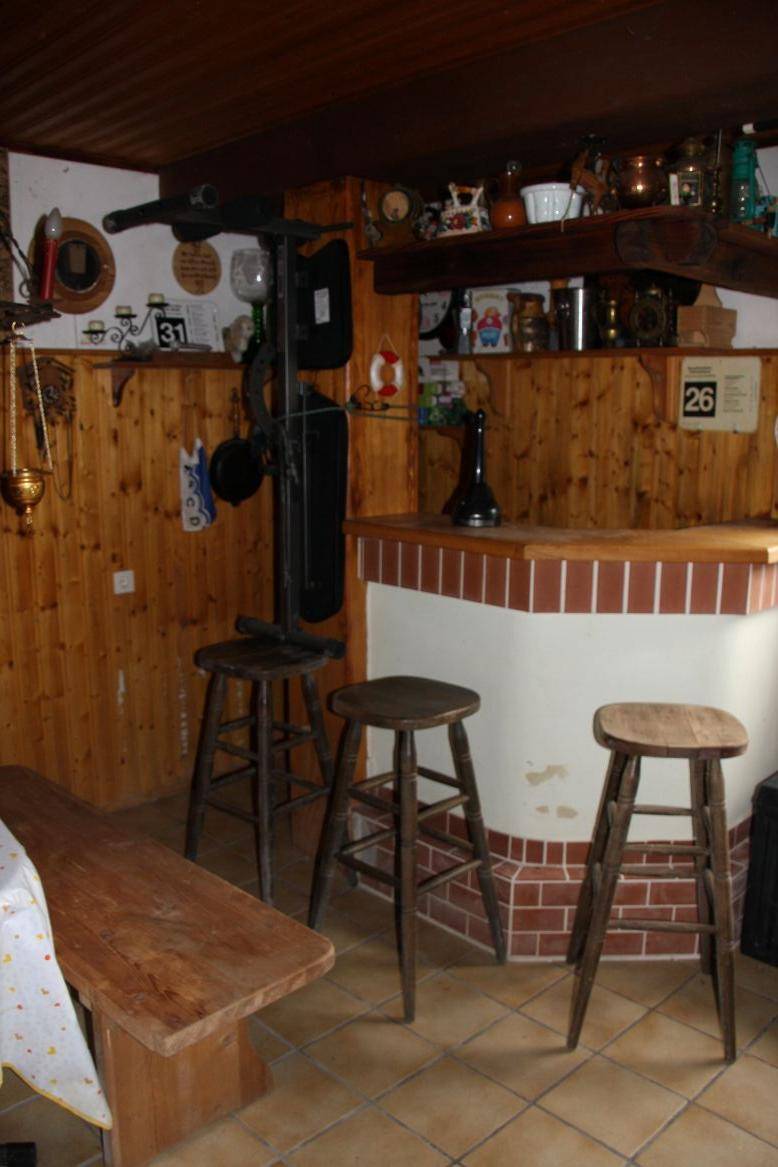 Rustikaler Kellerraum mit Holzverkleidung, Bar und Hockern, ideal für gesellige Abende.