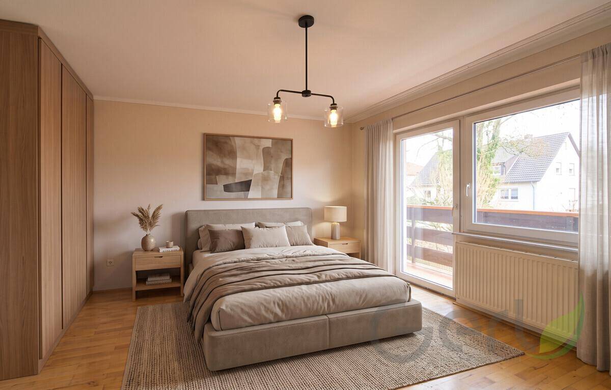 Geräumiges Schlafzimmer mit Doppelbett, Einbauschränken und Zugang zum Balkon.