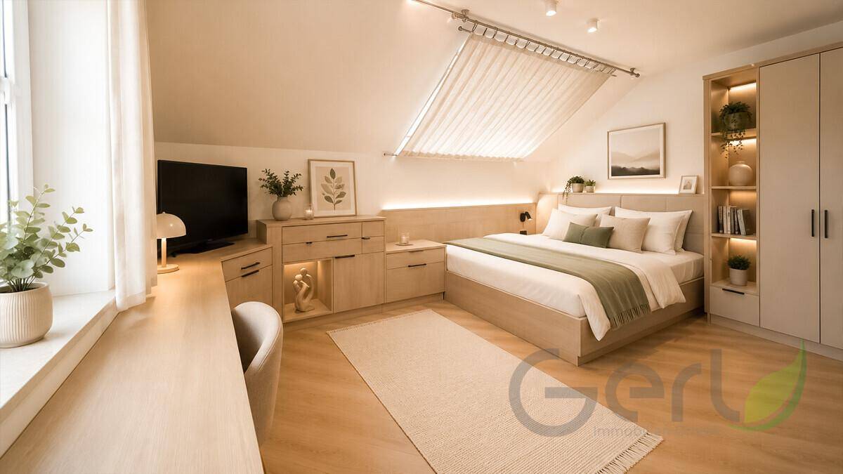 Helles Schlafzimmer mit TV-Bereich, Einbaumöbeln und viel Tageslicht.