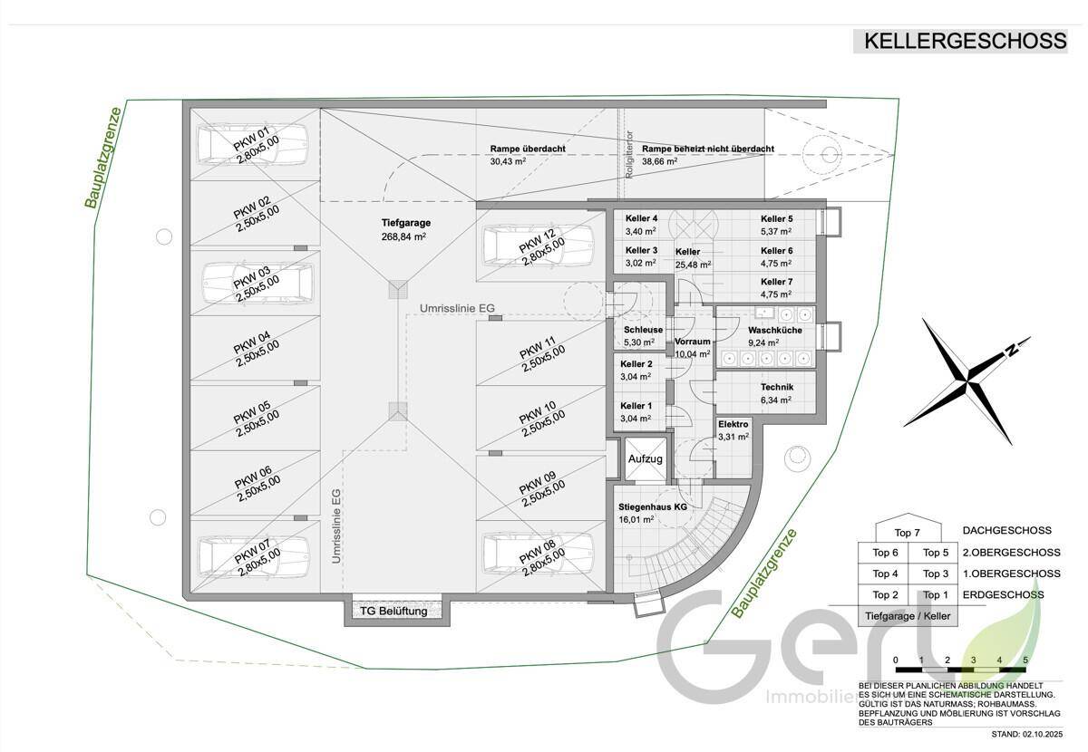 Grundriss des Kellergeschosses mit Tiefgarage, Kellerräumen, Technikbereich und Aufzug.