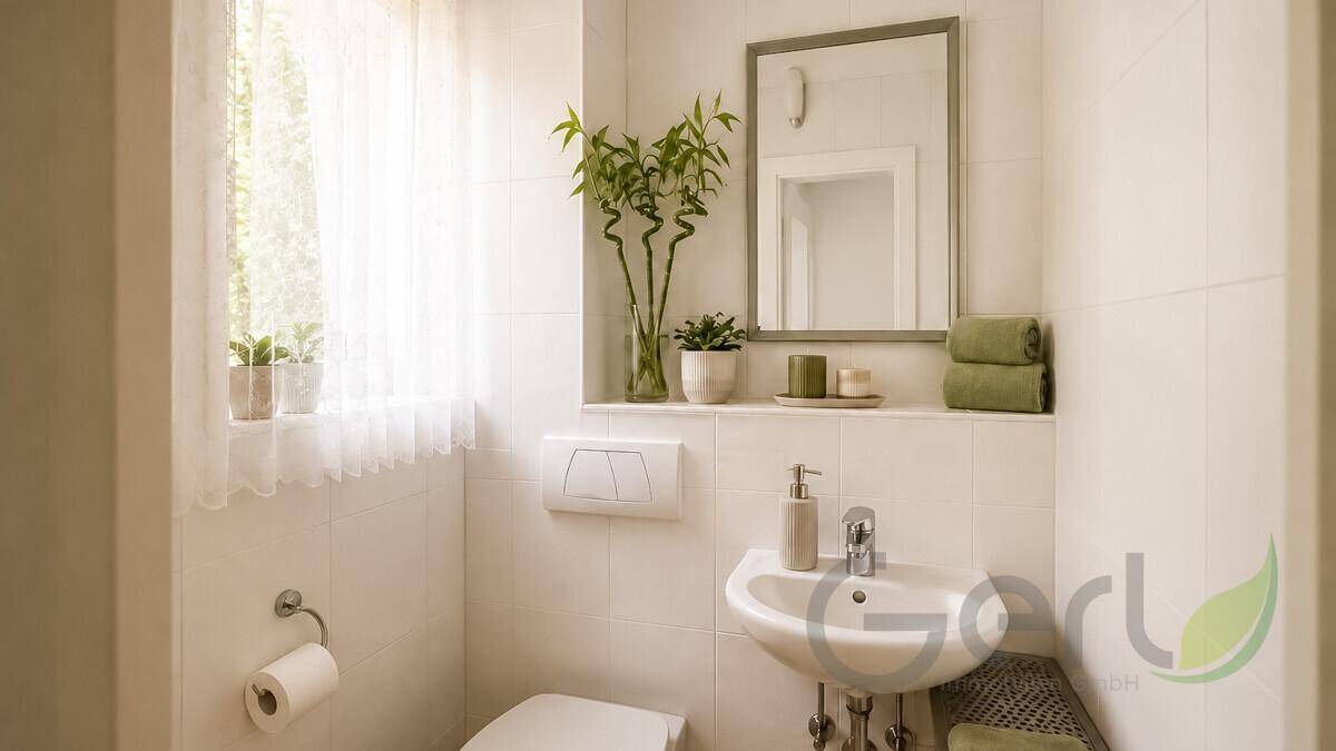 Kleines Gäste-WC mit Waschbecken, wandhängender Toilette und Fenster für Belüftung.