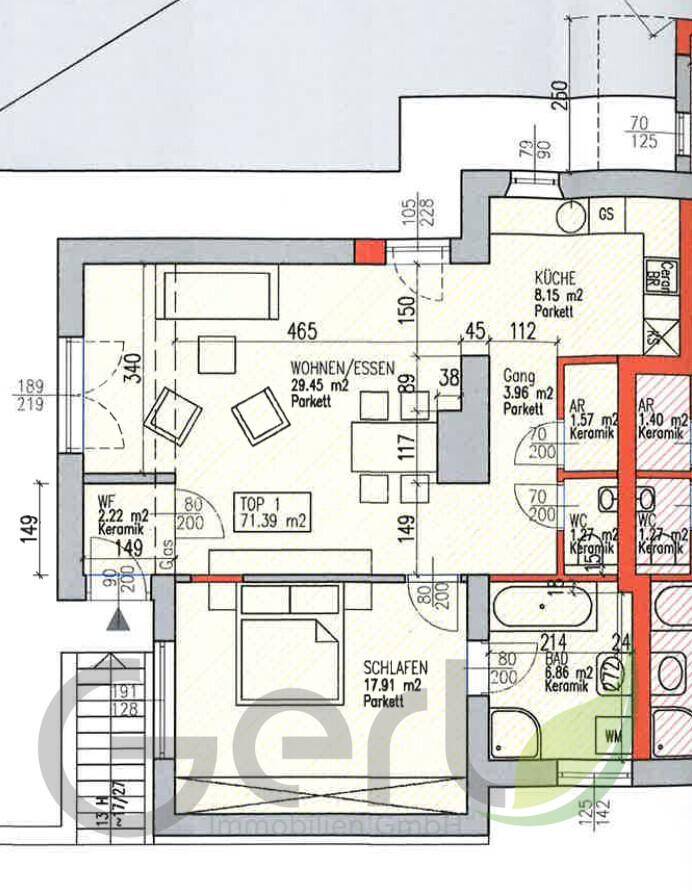 Grundriss einer Wohnung mit Wohn-/Essbereich, Schlafzimmer und Bad.