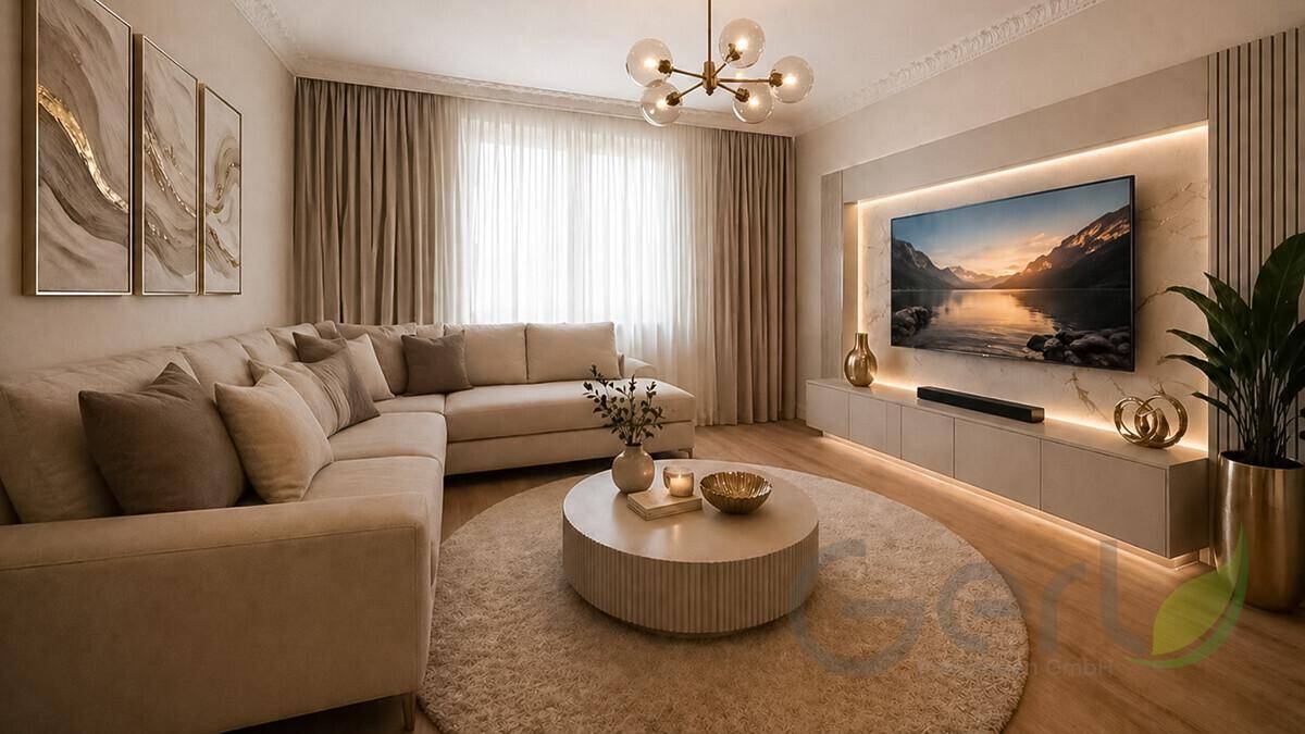 Modernes Wohnzimmer mit großem Ecksofa, stilvoller Beleuchtung und einem Fernseher an der Wand.