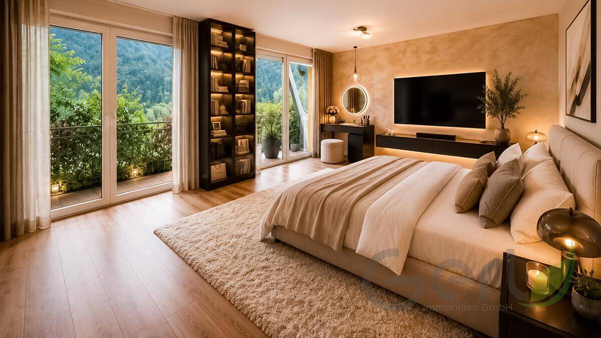 Modernes Schlafzimmer mit Holzboden, großem Bett und raumhohen Fenstern mit Blick ins Grüne.