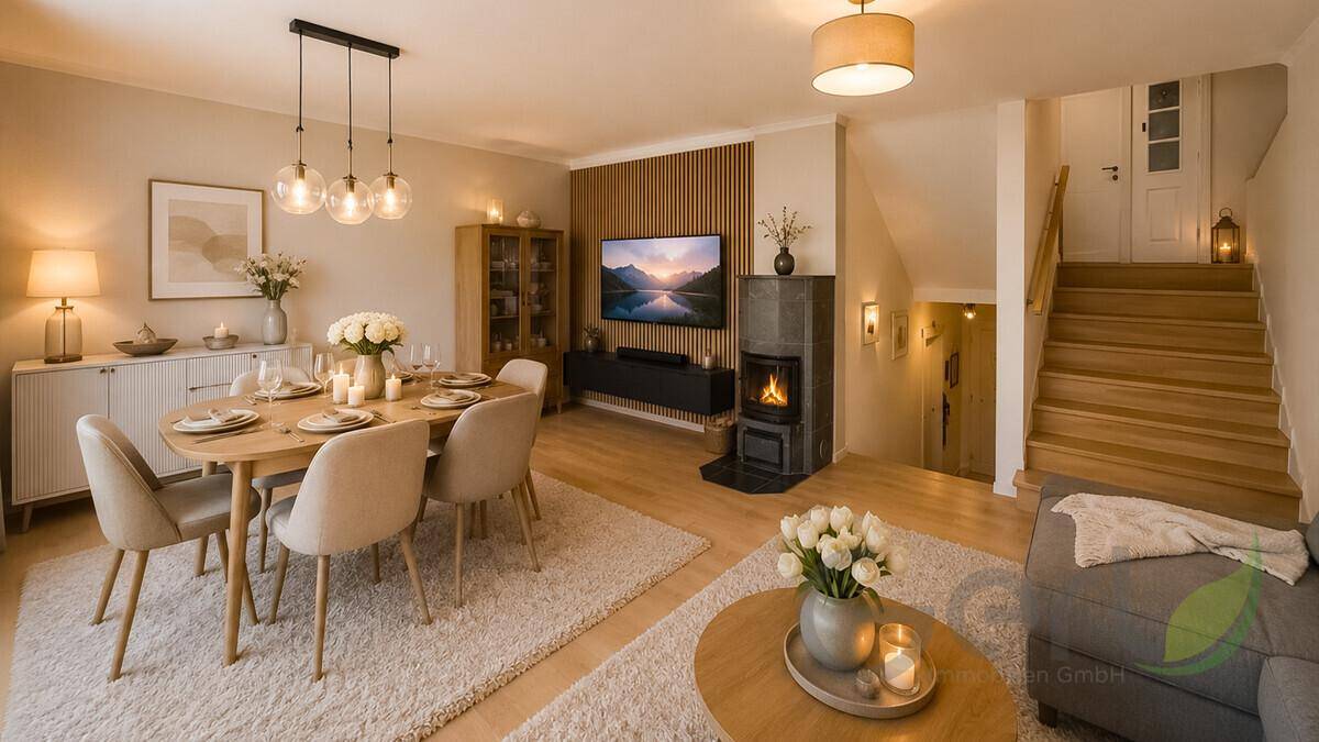 Moderner Wohn-Essbereich mit stilvollem Esstisch, Kaminofen und Treppenaufgang in die obere Etage.