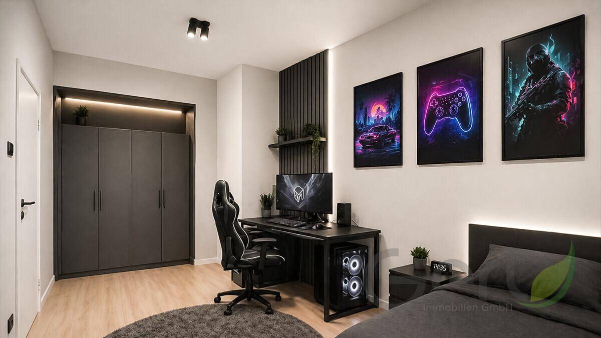 Modernes Schlafzimmer mit Gaming-Setup, dunklen Einbauschränken und stilvoller Wanddekoration.