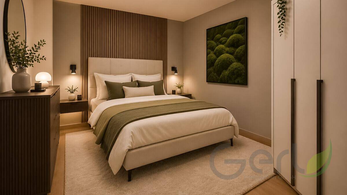 Modernes Schlafzimmer mit komfortablem Bett, stilvoller Wandverkleidung und indirekter Beleuchtung.