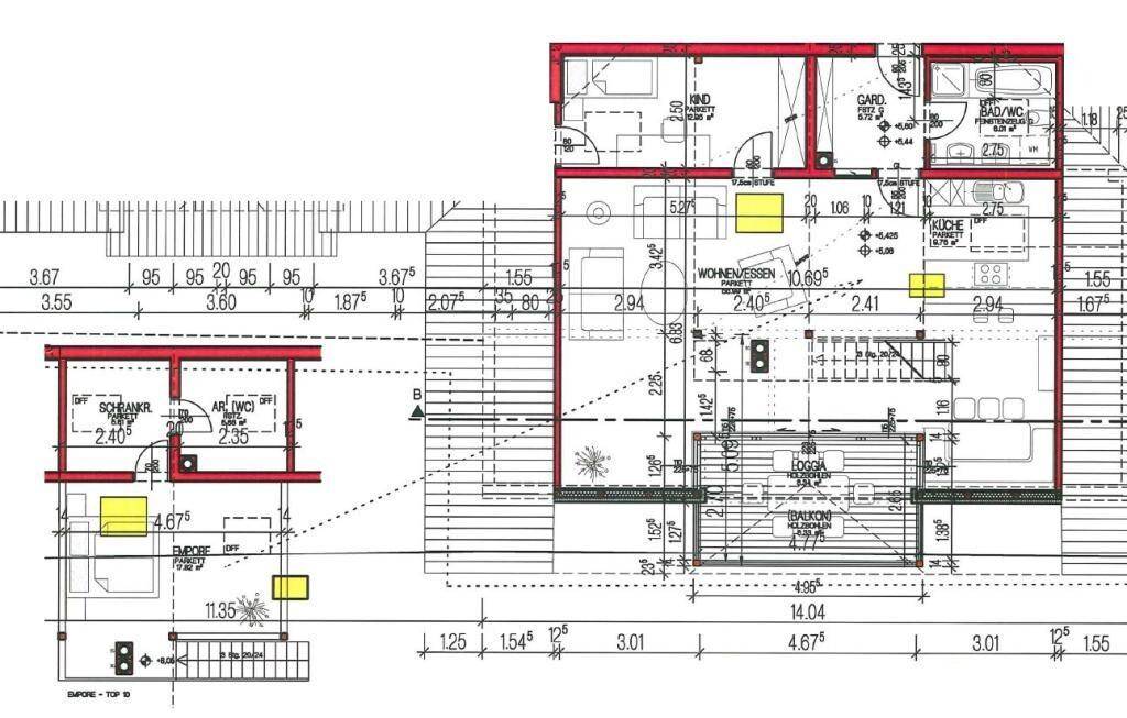 Detaillierter Grundriss des Dachgeschosses mit verschiedenen Räumen und Abmessungen.