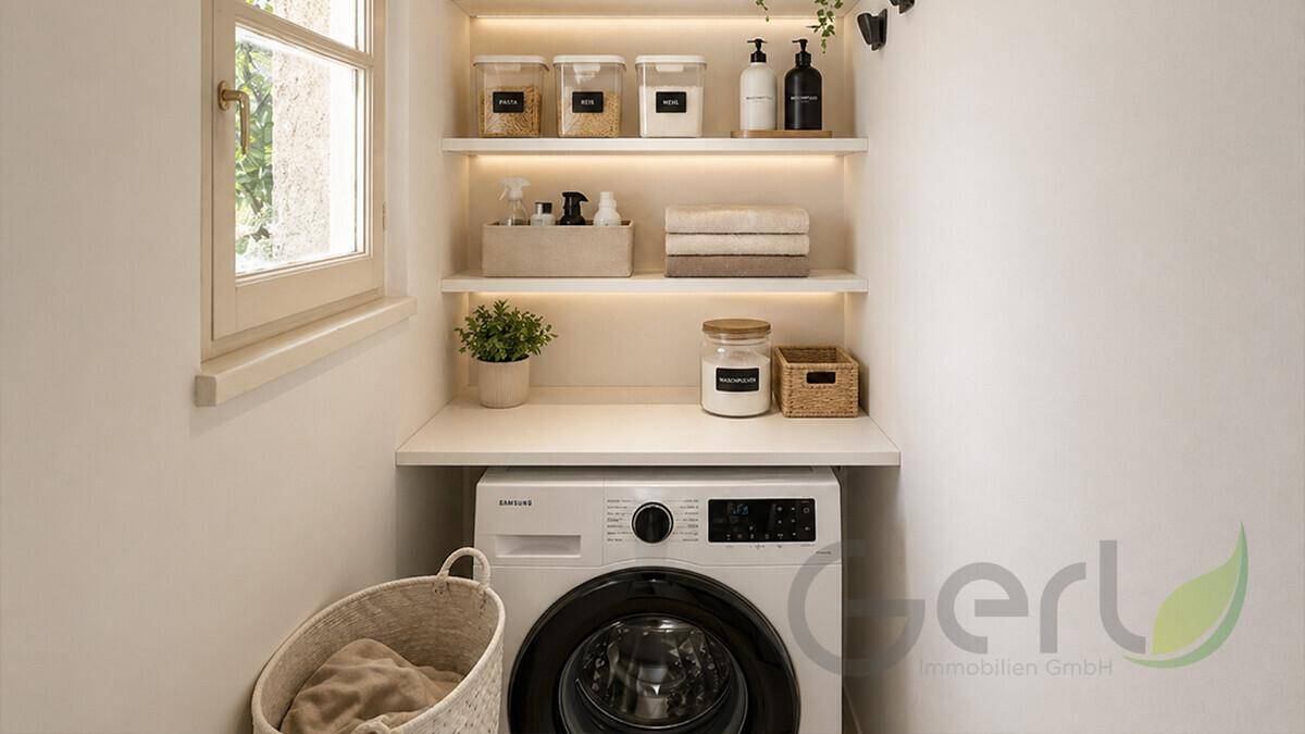 Praktischer Hauswirtschaftsraum mit Waschmaschine, Fenster und offenen Regalen für zusätzlichen Stauraum.