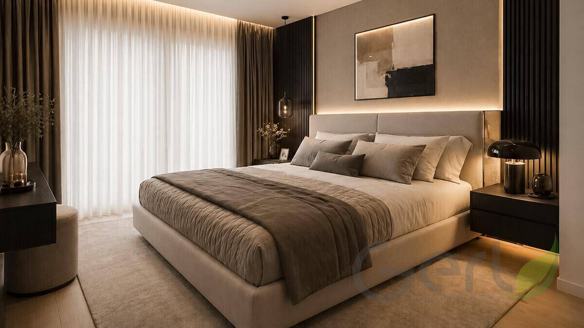 Modernes Schlafzimmer mit großem Bett, stilvoller Beleuchtung und bodentiefen Fenstern für viel Tageslicht.
