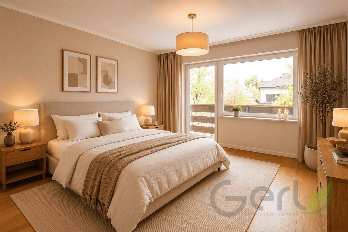 Gemütliches Schlafzimmer mit großem Bett, Holzboden und Blick ins Grüne.