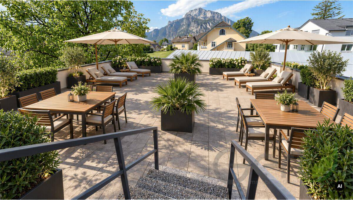 Geräumige Dachterrasse mit Sitzgelegenheiten, Liegestühlen und Panoramablick auf die Berge.