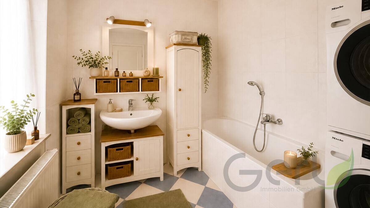 Helles Badezimmer mit Badewanne, Waschbecken und integrierten Waschmaschinen für Komfort.