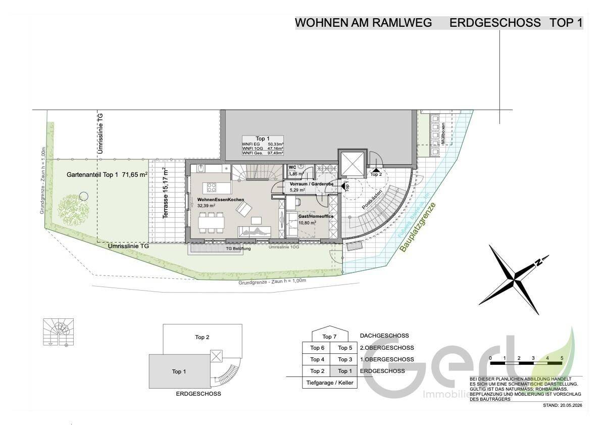Grundriss des Erdgeschosses mit offener Wohnküche, Terrasse und privatem Gartenanteil.