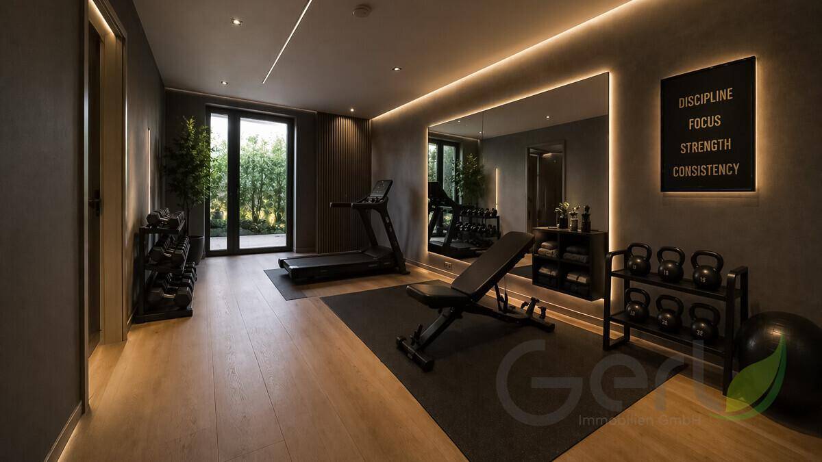 Privater Fitnessraum mit Laufband, Hanteln und großem Spiegel, ideal für das tägliche Training.