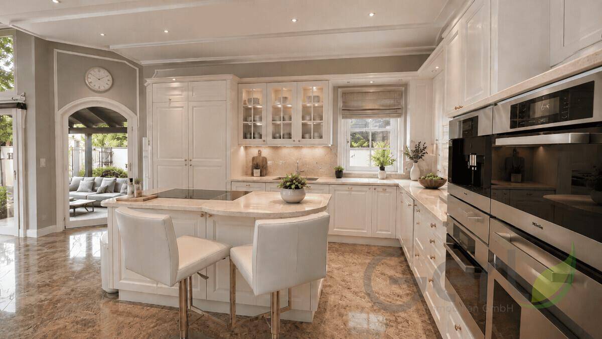 Elegante weiße Küche mit Kochinsel, Marmorboden und hochwertigen Einbaugeräten von Miele.