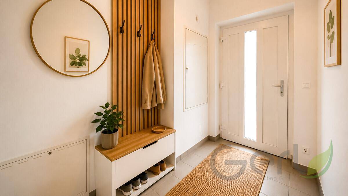 Freundlicher Eingangsbereich mit runden Spiegel, Garderobe und Schuhregal.