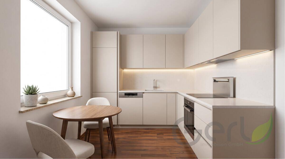 Moderne Einbauküche in hellem Design mit Essbereich und Fenster für Tageslicht.