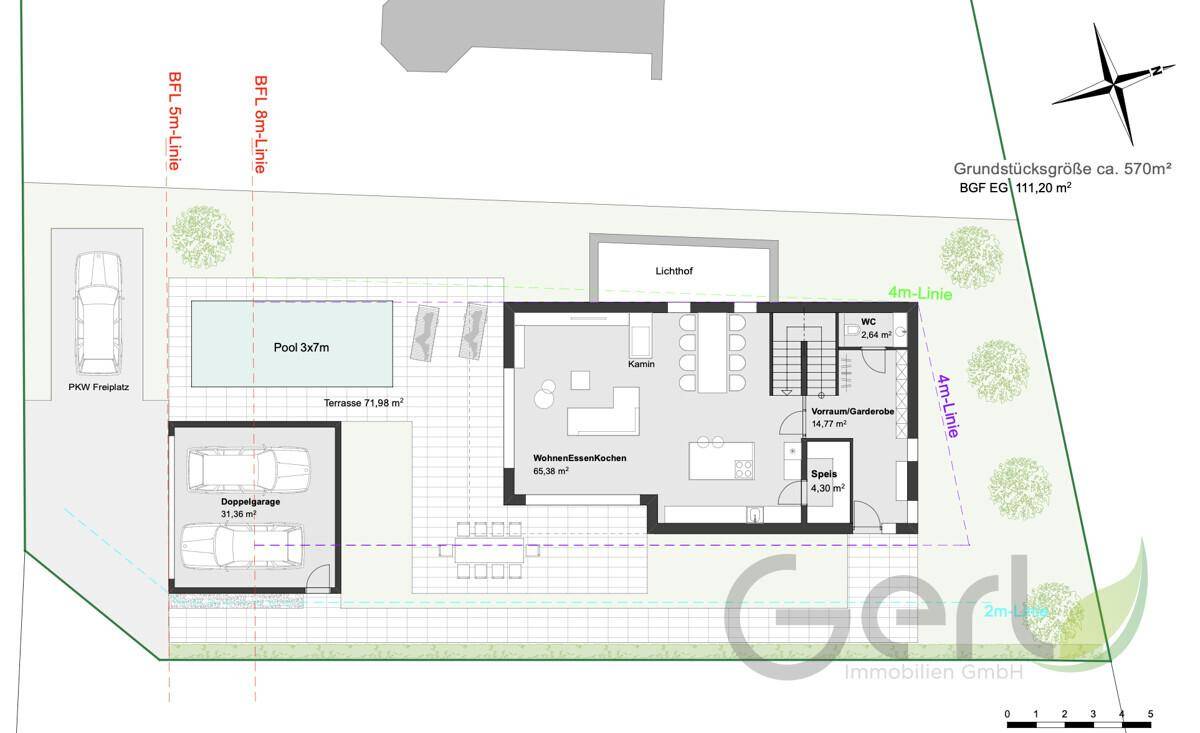 Grundriss des Erdgeschosses mit offenem Wohn-Essbereich, Kamin, Terrasse und Pool.