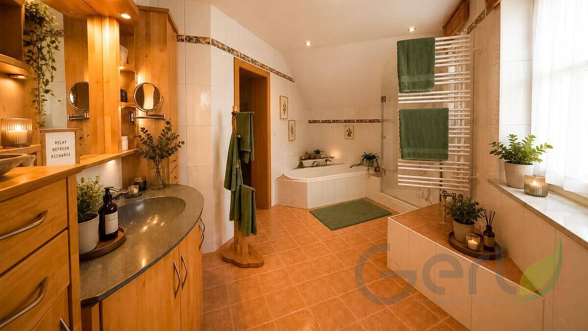Geräumiges Badezimmer mit Eckbadewanne, Dusche, Doppelwaschbecken und Terrakotta-Fliesen.