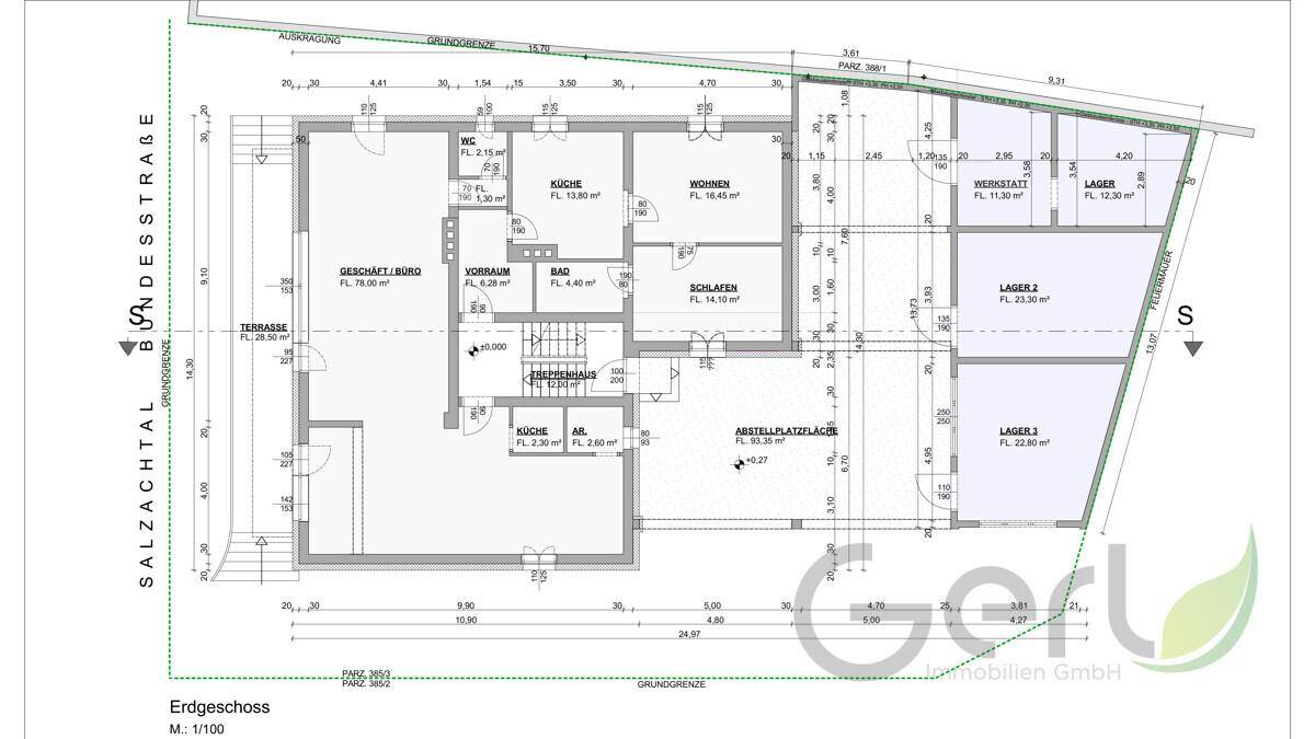 Grundriss des Erdgeschosses mit Geschäfts-/Bürofläche, Wohnbereich, Schlafzimmer und Terrasse.