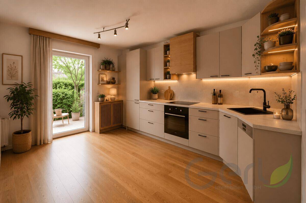 Moderne Küche mit hellen Schränken, Holzboden und direktem Zugang zum Garten.