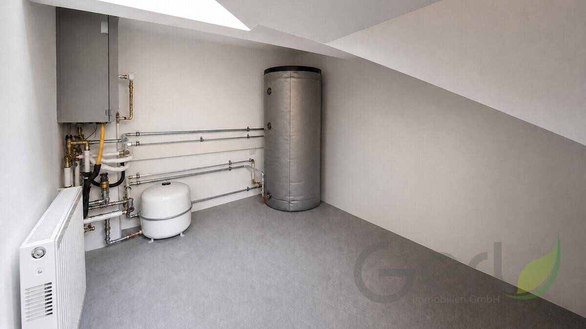 Technikraum im Dachgeschoss mit Heizungsanlage und Warmwasserspeicher für das Gebäude.