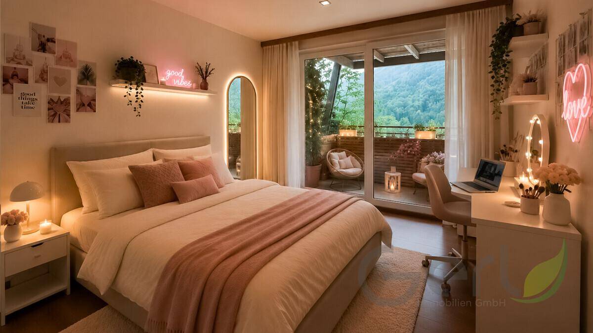Gemütliches Schlafzimmer mit Balkonzugang, Schreibtisch und moderner, farbenfroher Dekoration.