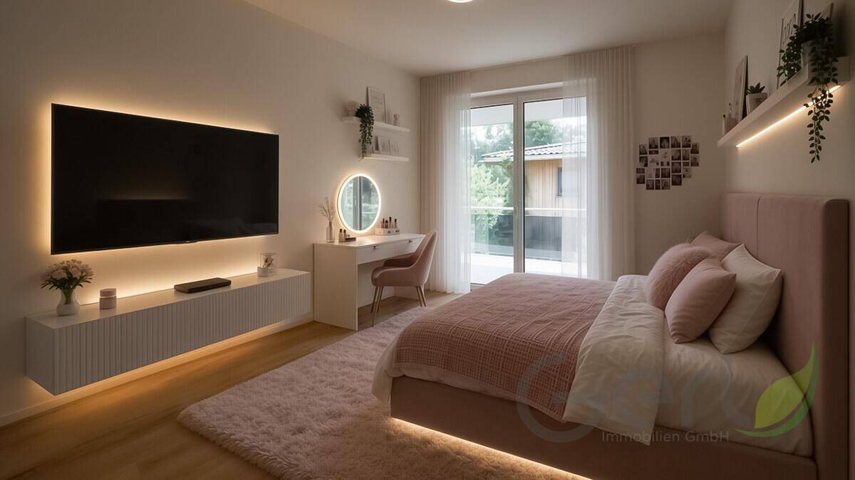 Modernes Schlafzimmer mit rosa Akzenten, beleuchtetem TV und Zugang zum Balkon.