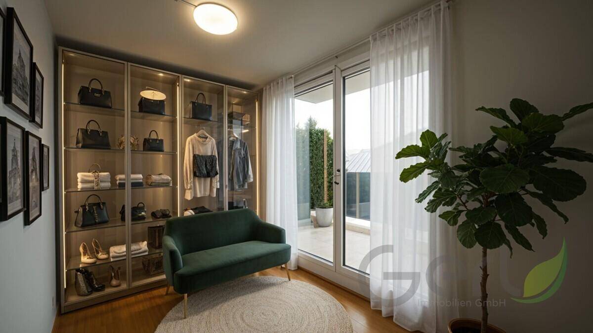 Elegantes Ankleidezimmer mit beleuchteten Vitrinen, bequemer Sitzgelegenheit und direktem Zugang zur Terrasse.