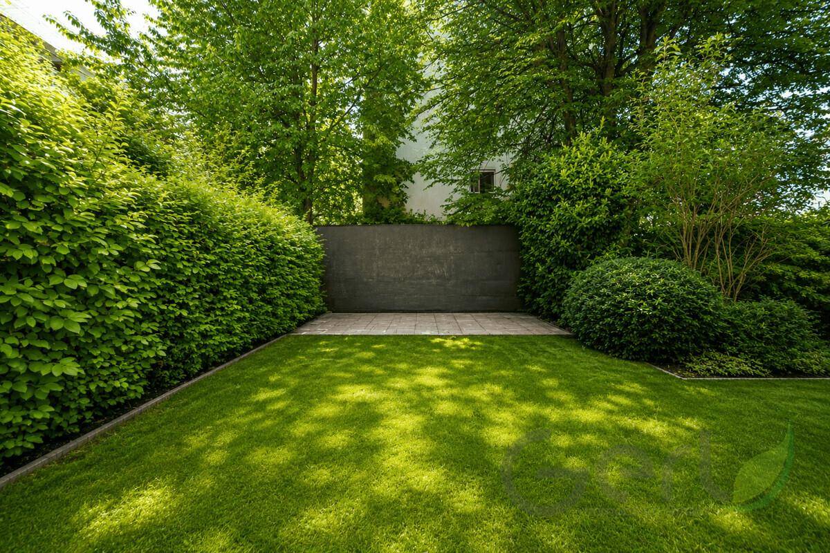 Gepflegter Gartenbereich mit Rasenfläche, hohen Hecken und einer dunklen Rückwand.