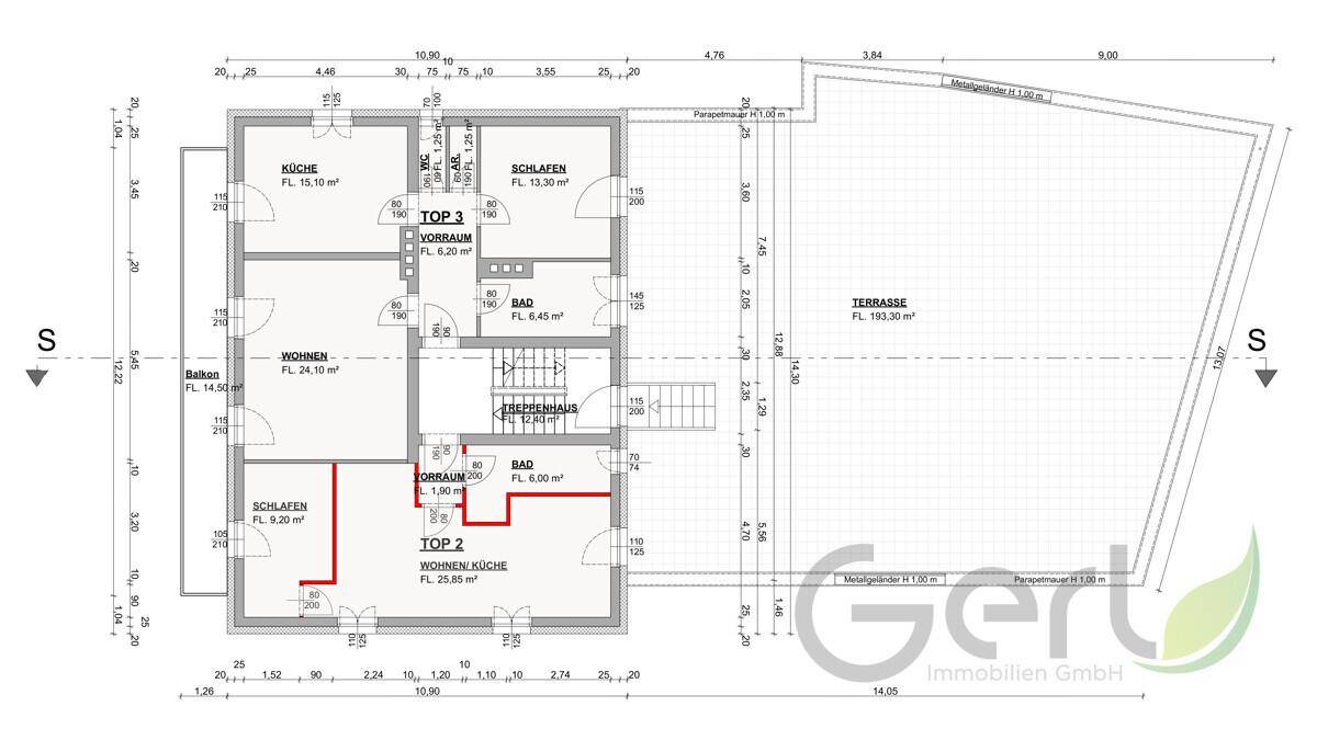 Grundriss der Wohneinheiten Top 2 und Top 3 mit Küche, Wohnzimmer, Schlafzimmer und großer Terrasse.