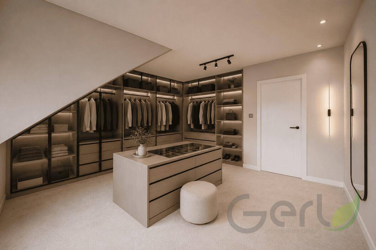 Geräumiger begehbarer Kleiderschrank mit maßgefertigten Regalen und Mittelinsel.