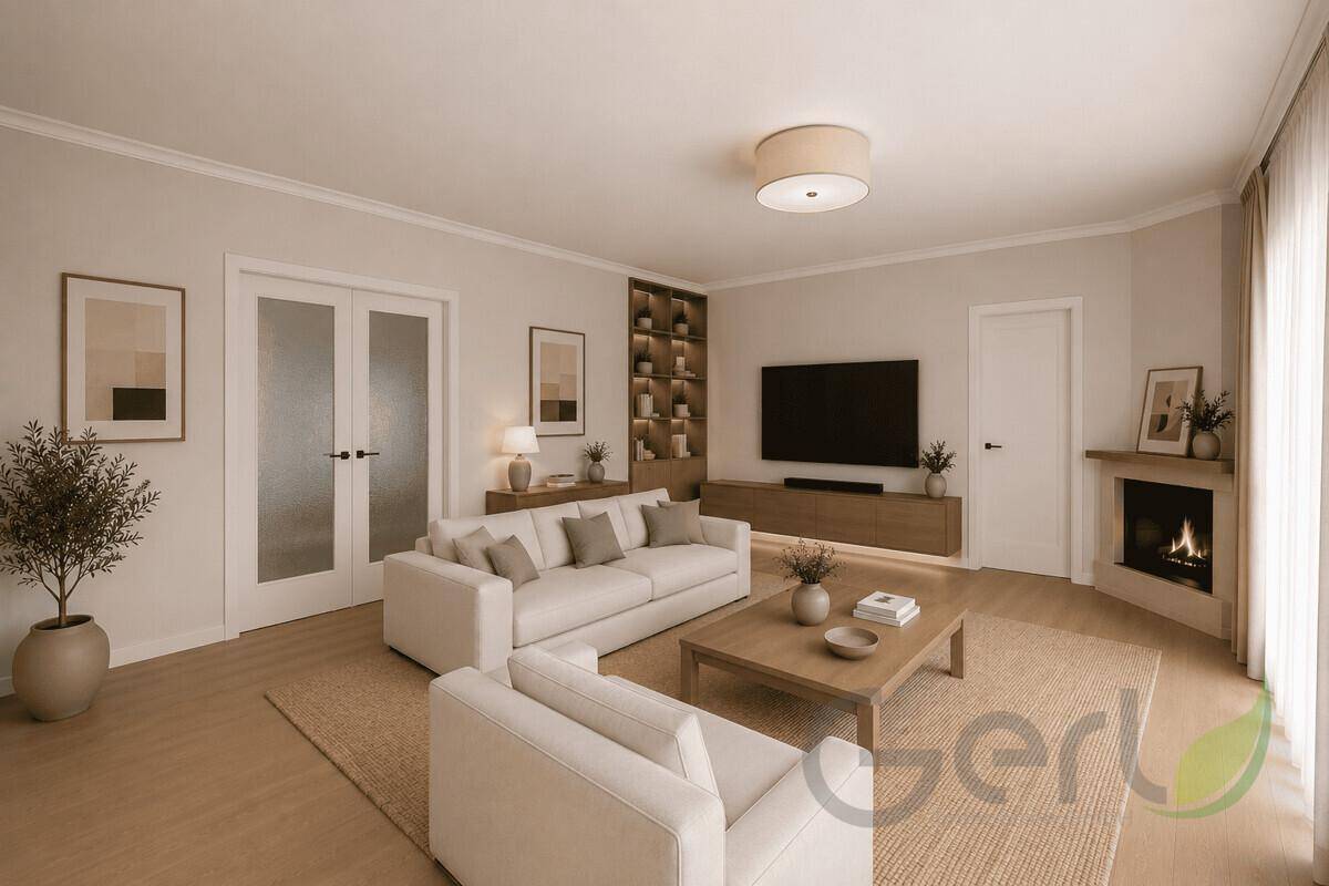 Geräumiges Wohnzimmer mit modernem Kamin, bequemen Sofas und integrierten Regalen.