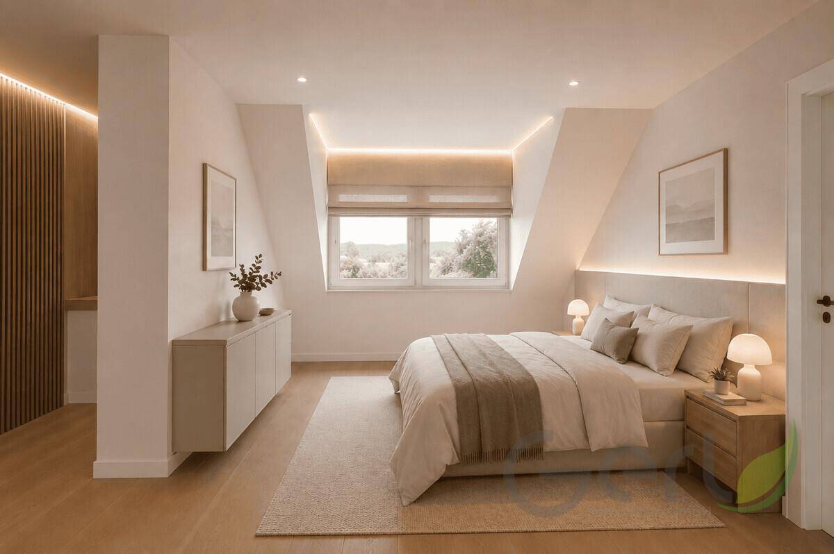 Helles Schlafzimmer im Dachgeschoss mit modernem Bett, indirekter Beleuchtung und Fenster.