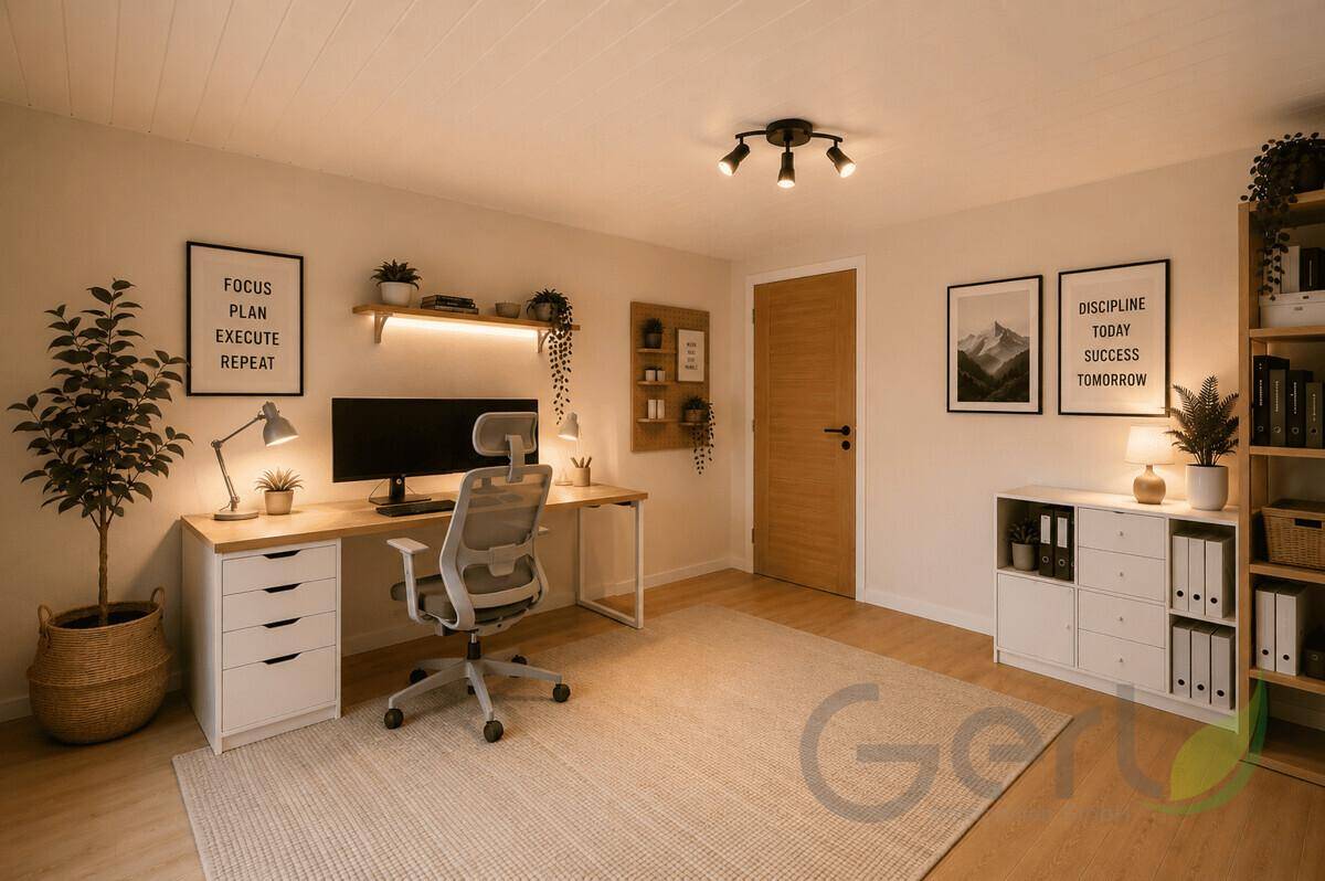 Modernes Arbeitszimmer mit Schreibtisch, ergonomischem Stuhl und viel Stauraum.