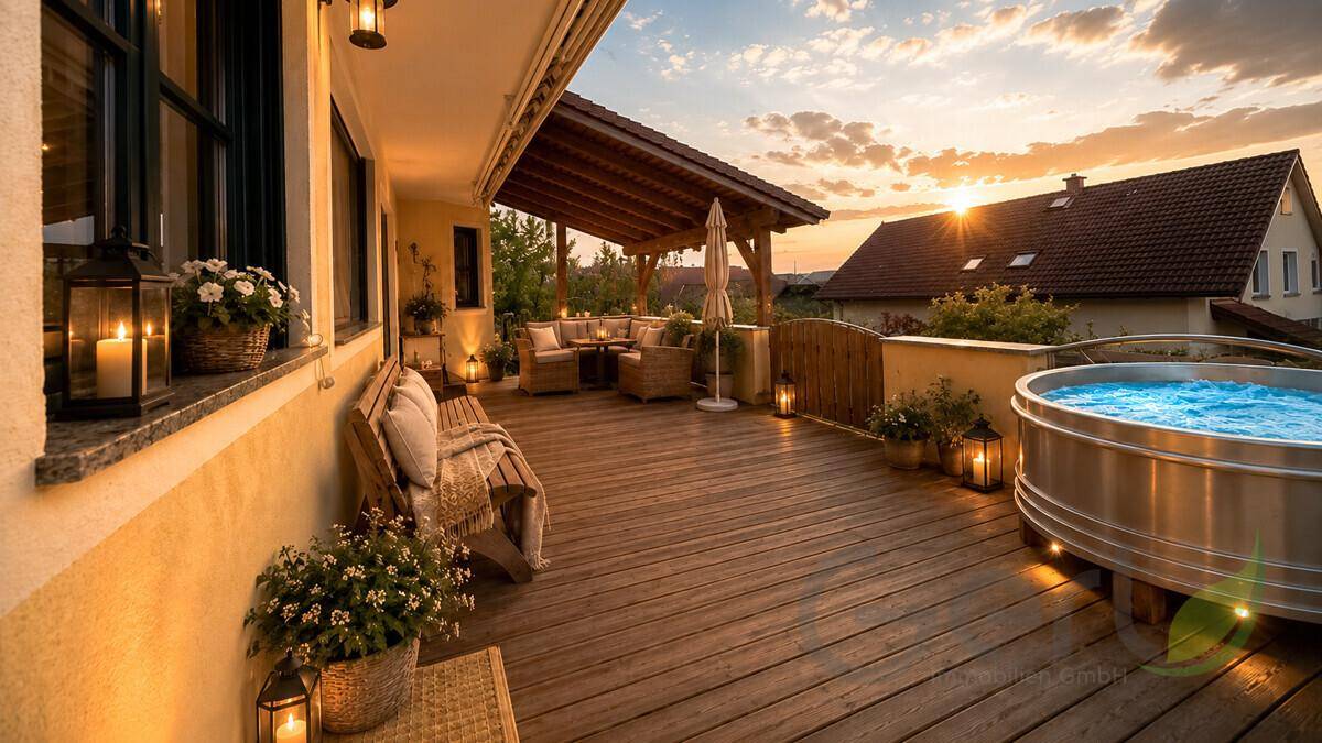 Weitläufige Holzterrasse mit sprudelndem Whirlpool und weiteren Sitzbereichen im Abendlicht.
