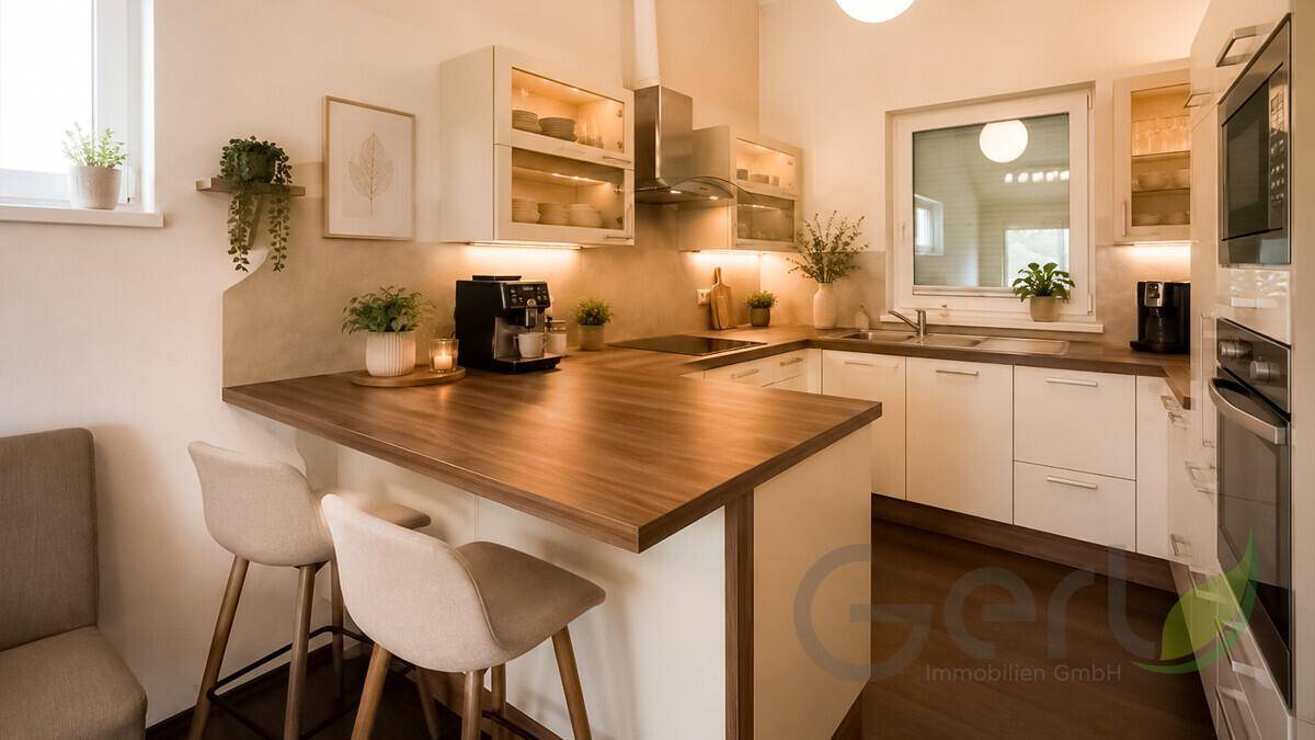Moderne Küche mit Holzarbeitsplatte, Frühstücksbar und integrierten Geräten.