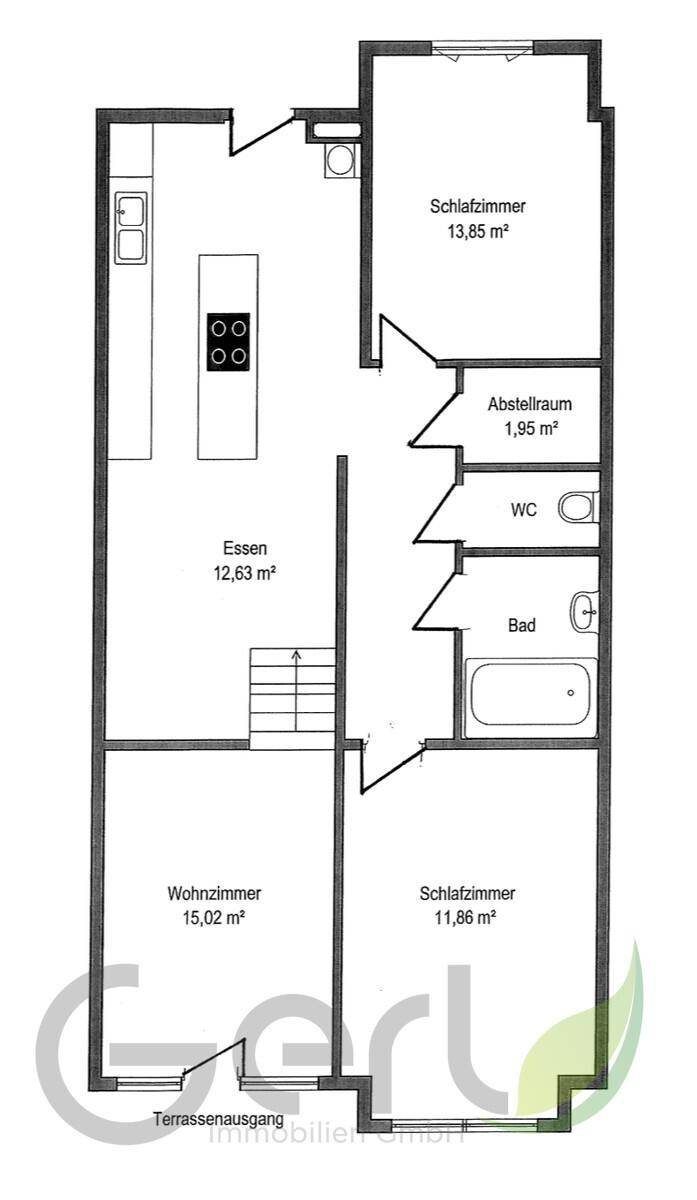 Grundriss einer Etage mit offener Küche, Essbereich, Wohnzimmer mit Terrassenzugang, zwei Schlafzimmern, Bad und separatem WC.