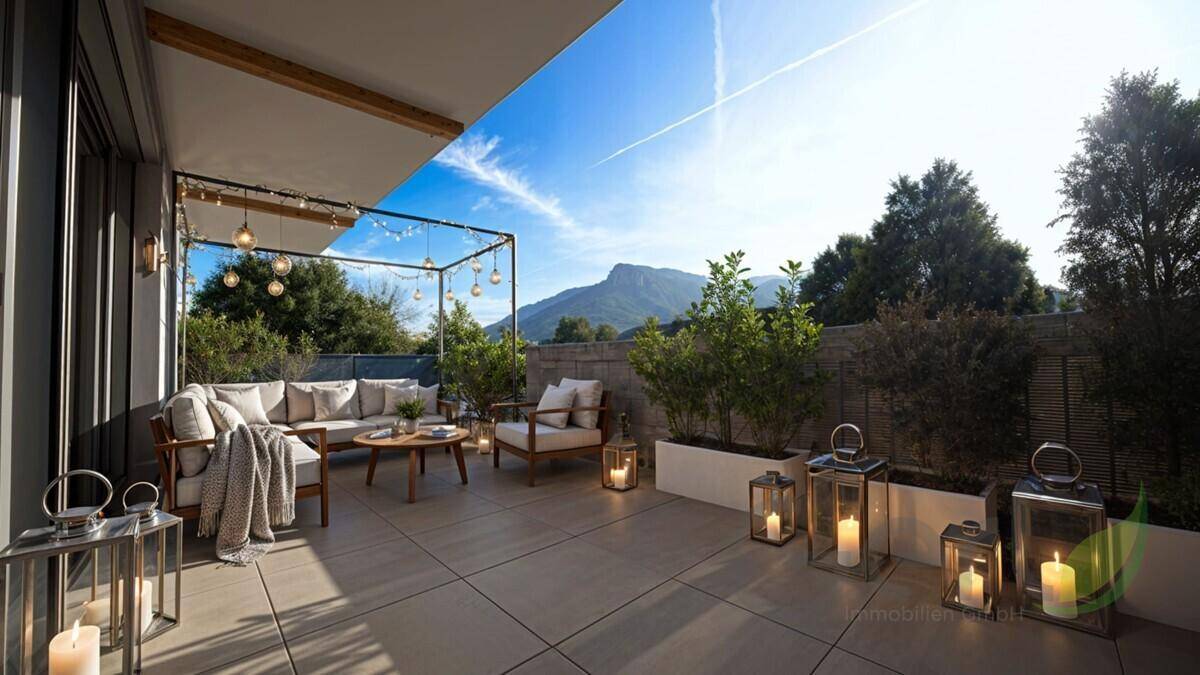 Einladende Terrasse mit gemütlichen Sitzgelegenheiten, Lichterketten und einem malerischen Bergblick in der Ferne.